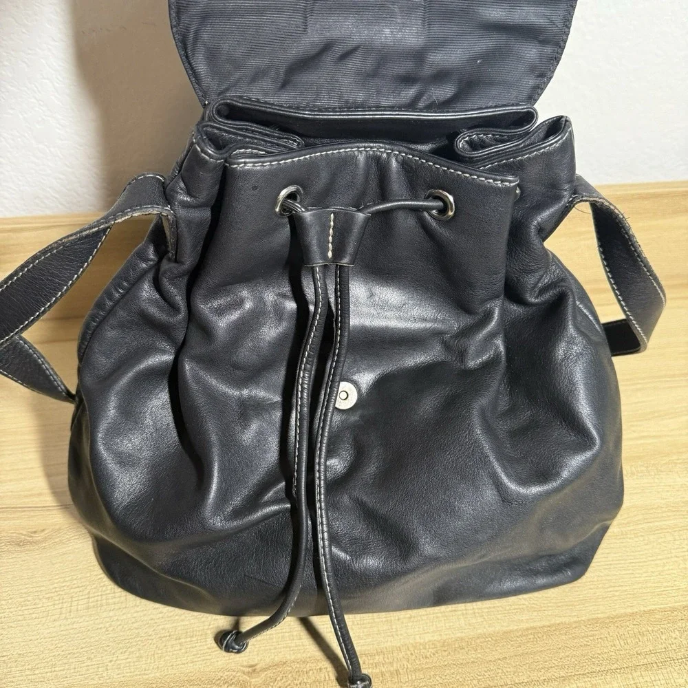 Ralph Lauren Leather Drawstring Bucket Shoulder Bag Hobo Black‎